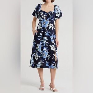 Ellen Tracy Floral Midi Dress with Side Slit and Puff Sleeve Blue XL Never Worn
